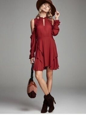 IRO Burgundy Cold-Shoulder Ruffle Mini Dress